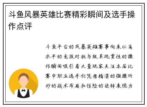 斗鱼风暴英雄比赛精彩瞬间及选手操作点评