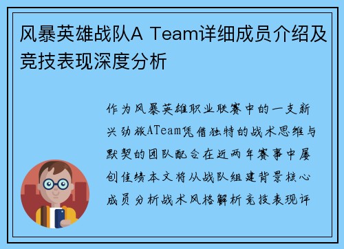 风暴英雄战队A Team详细成员介绍及竞技表现深度分析