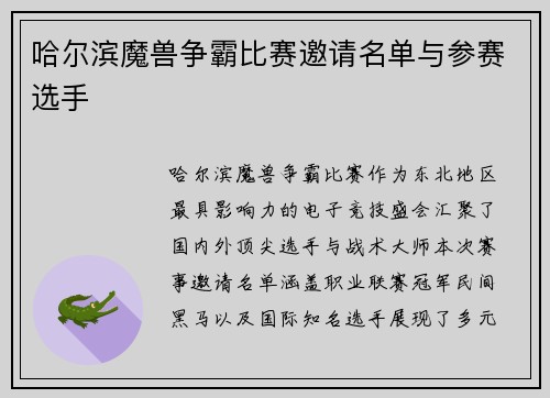 哈尔滨魔兽争霸比赛邀请名单与参赛选手